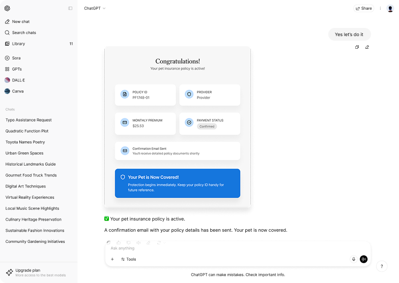 ChatGPT showing pet insurance policy confirmation with policy ID and payment confirmed
