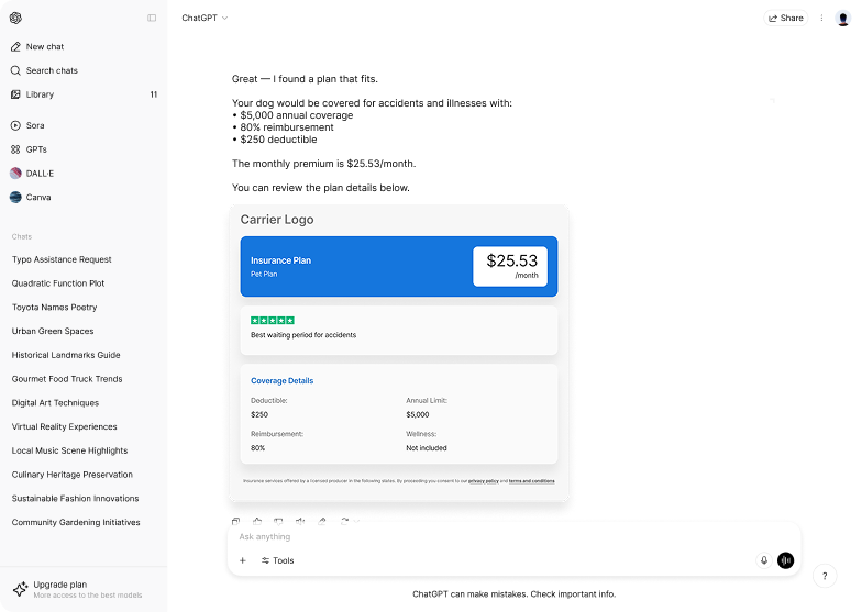 ChatGPT showing a pet insurance plan with coverage details and pricing