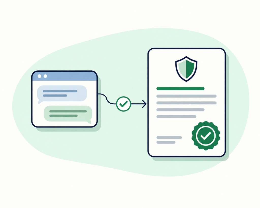 Illustration of a chat conversation flowing to a verified insurance policy