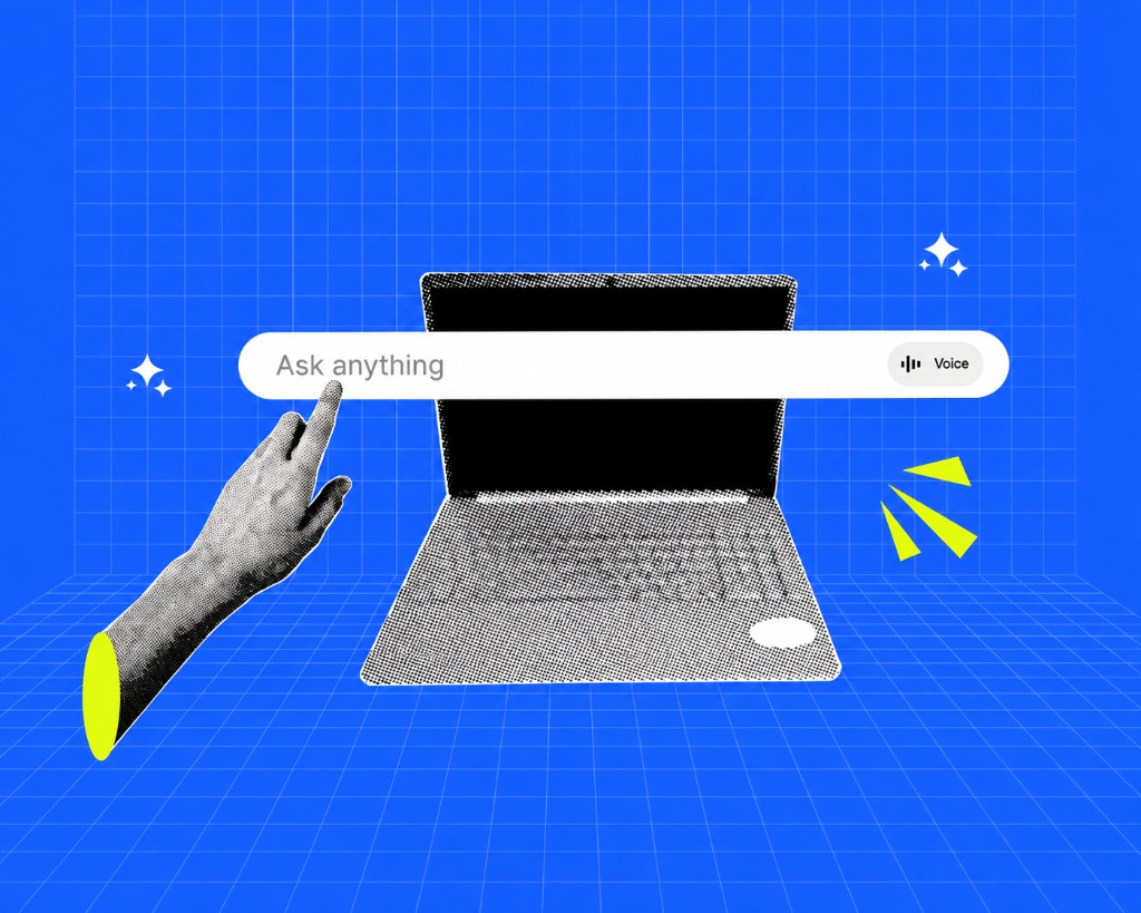 A laptop with an AI chat search bar